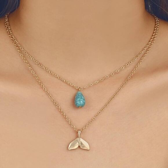 Francesca's Turquoise Whale’s Tale Gold Tiered Necklace Chain Dangle Necklace - Picture 3 of 5